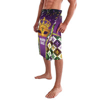 Purple Mardi Gras sarong-style shorts with masked fleur-de-lis design and MARDI GRAS text