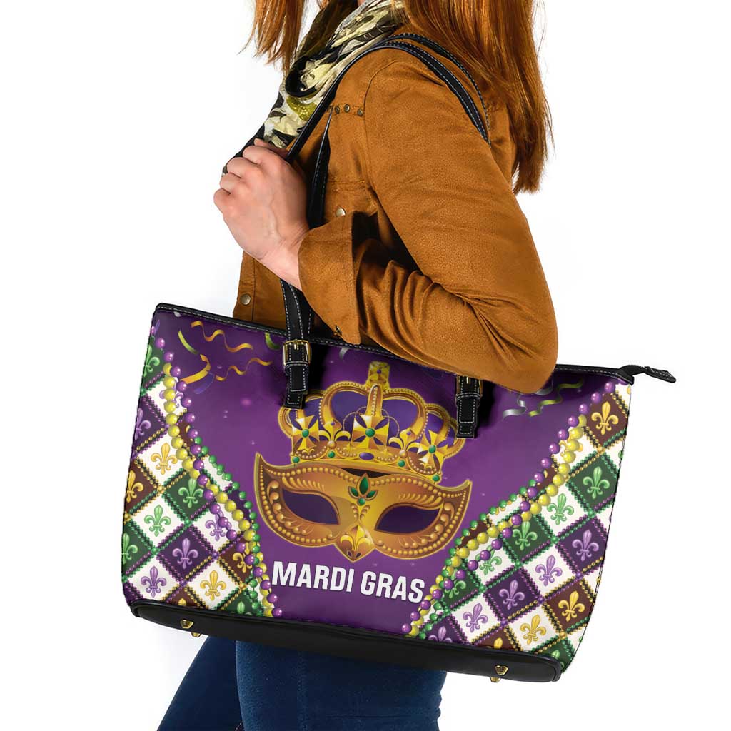 King Mask Mardi Gras Leather Tote Bag Let's Party Beadeds With Fleur De Lis - Wonder Print Shop