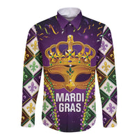 Unisex purple Mardi Gras long-sleeve button shirt with crown mask graphic, 'MARDI GRAS'