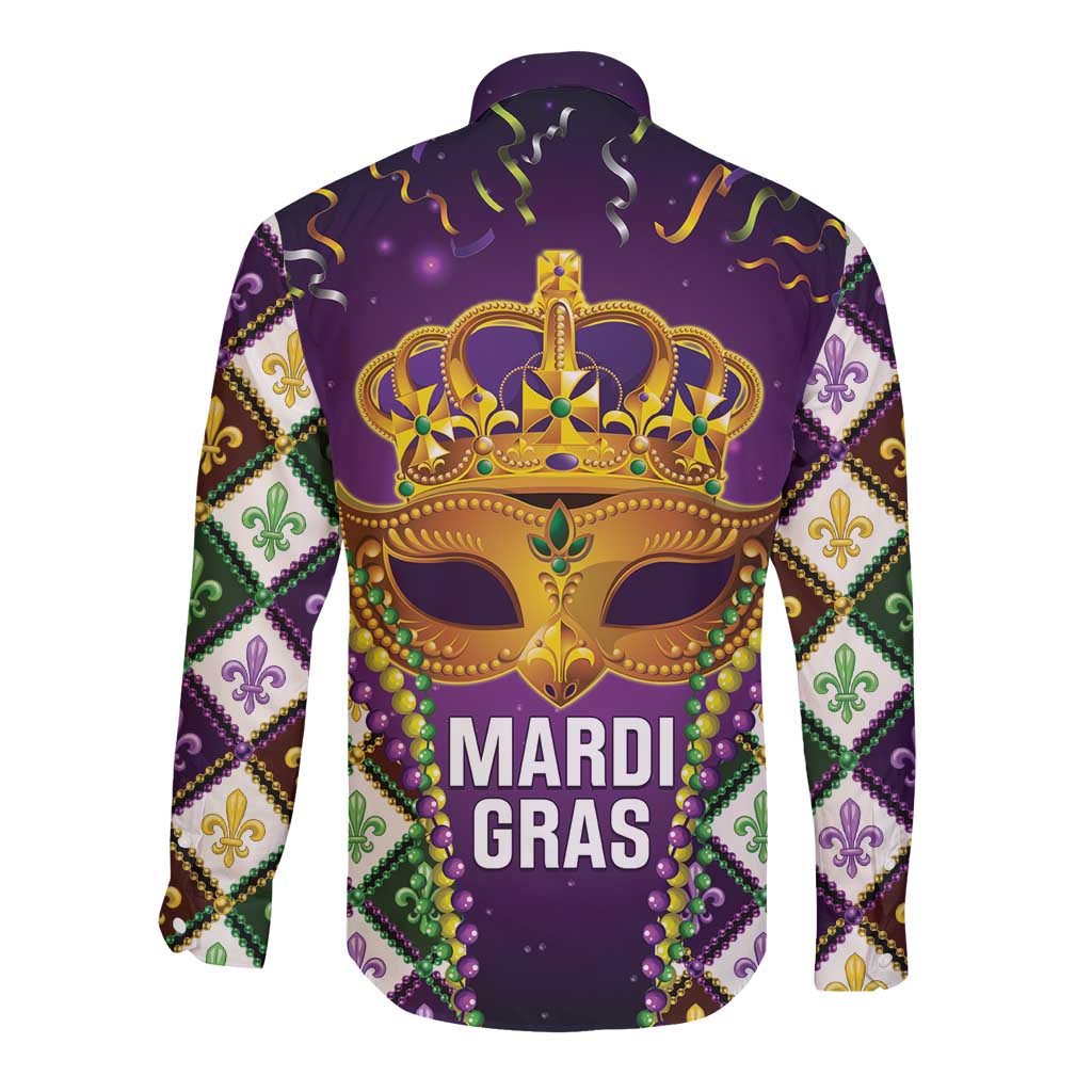 Unisex purple Mardi Gras long-sleeve button shirt, back view crown mask with 'MARDI GRAS'