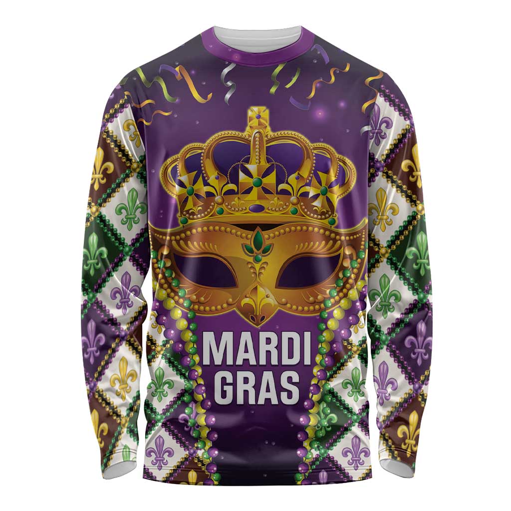 King Mask Mardi Gras Long Sleeve Shirt Let's Party Beadeds With Fleur De Lis - Wonder Print Shop