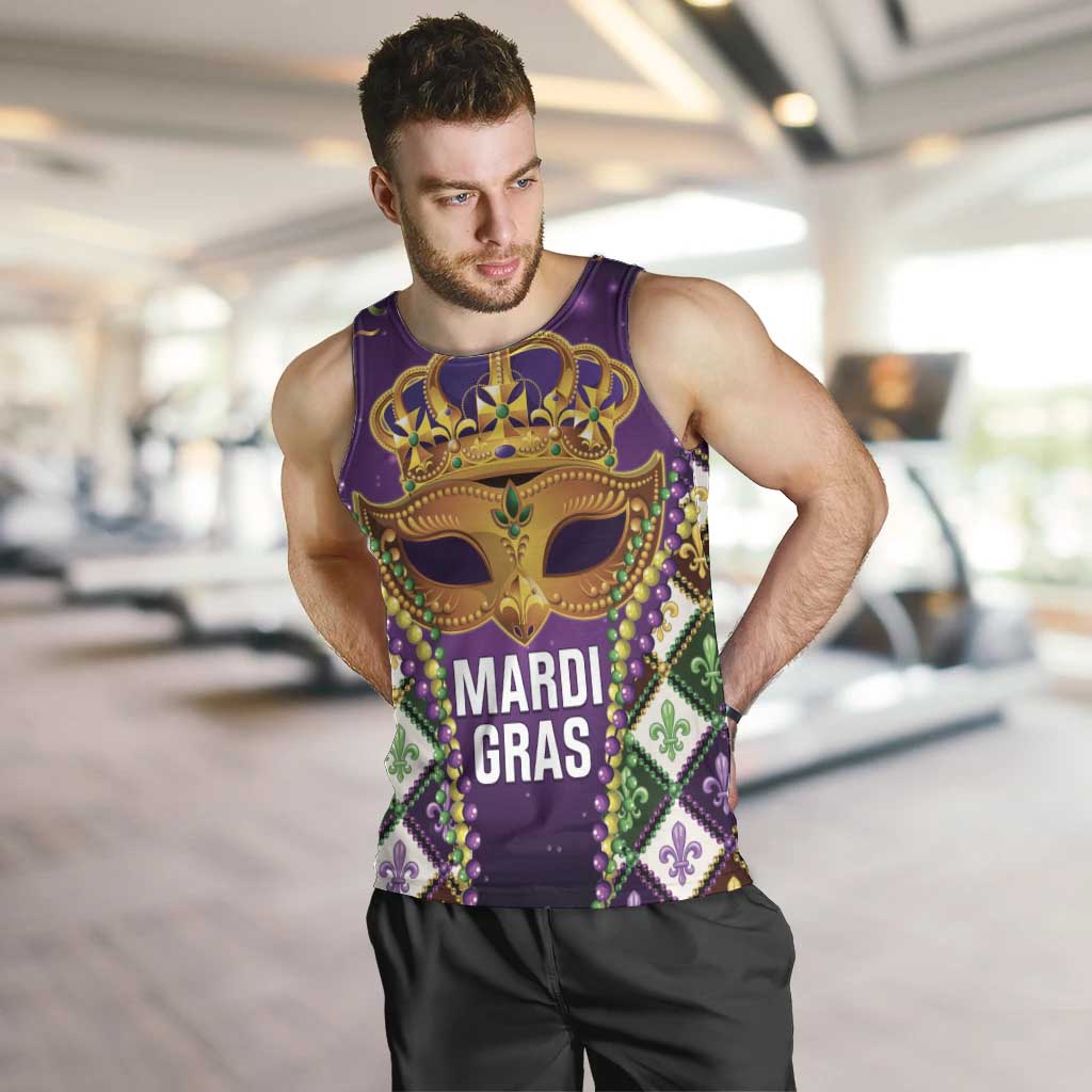 King Mask Mardi Gras Men Tank Top Let's Party Beadeds With Fleur De Lis