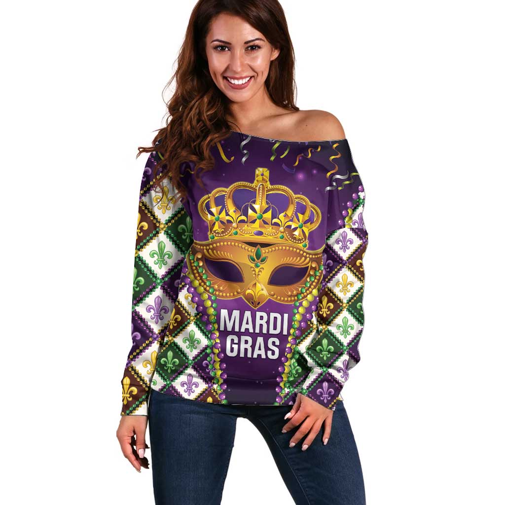 King Mask Mardi Gras Off Shoulder Sweater Let's Party Beadeds With Fleur De Lis