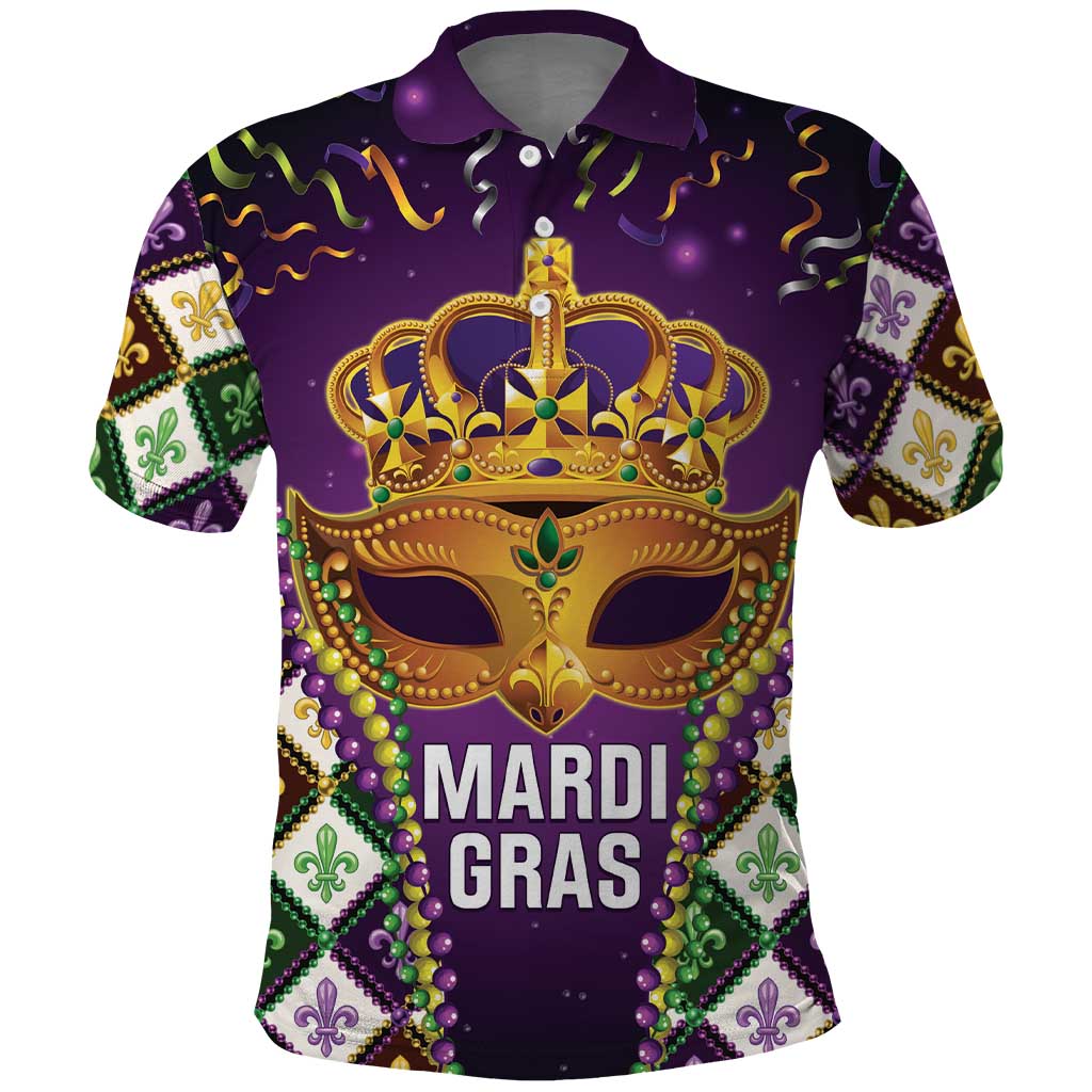 King Mask Mardi Gras Polo Shirt Let's Party Beadeds With Fleur De Lis