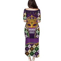 Purple Mardi Gras long dress with crown mask and diamond fleur-de-lis back print