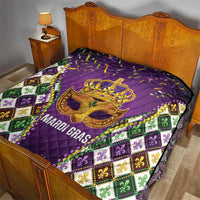 Purple quilt on bed with gold crown mask and 'MARDI GRAS' lettering, fleur-de-lis border