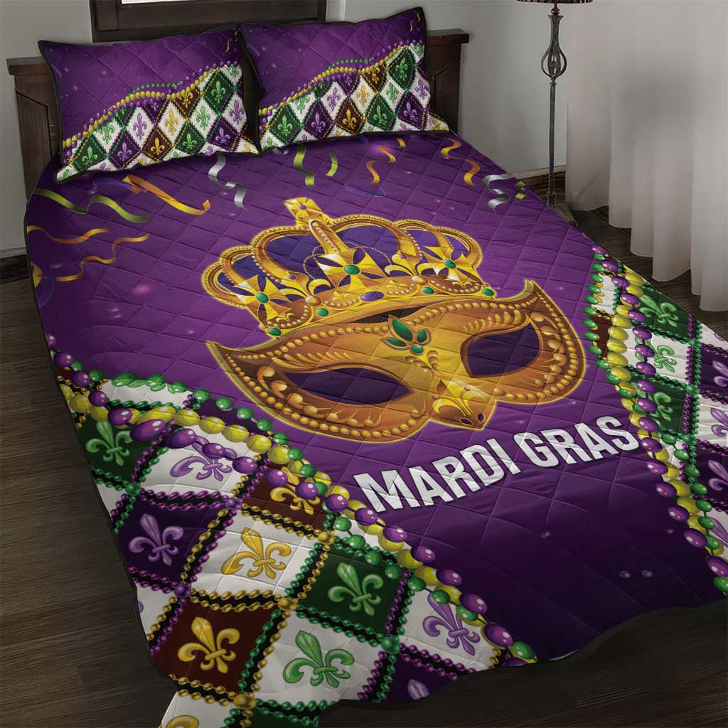 King Mask Mardi Gras Quilt Bed Set Let's Party Beadeds With Fleur De Lis - Wonder Print Shop