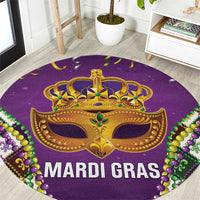 Round purple Mardi Gras floor carpet with gold fleur-de-lis crown and Mardi Gras text
