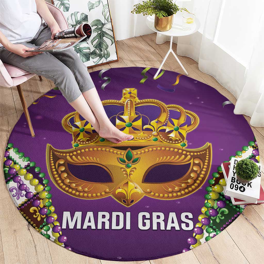 Round purple Mardi Gras carpet with crown and mask, beaded border, 'MARDI GRAS' text