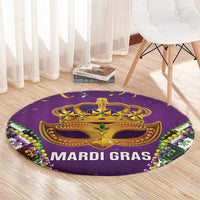 Purple round Mardi Gras carpet with gold crown and beaded fleur-de-lis border