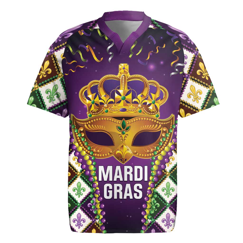 King Mask Mardi Gras Rugby Jersey Let's Party Beadeds With Fleur De Lis - Wonder Print Shop