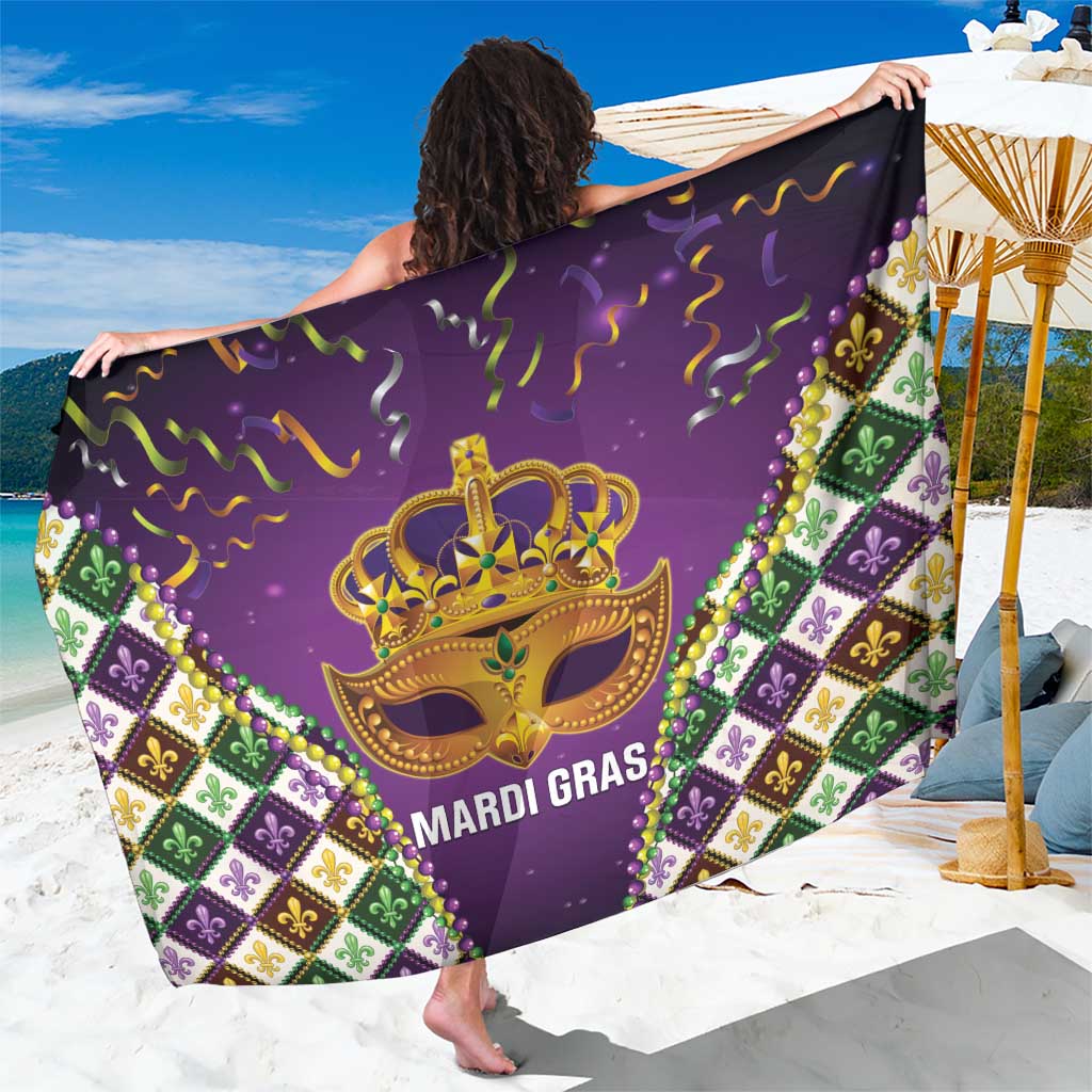 Purple Mardi Gras sarong with gold mask, fleur-de-lis, and green-gold diamond borders
