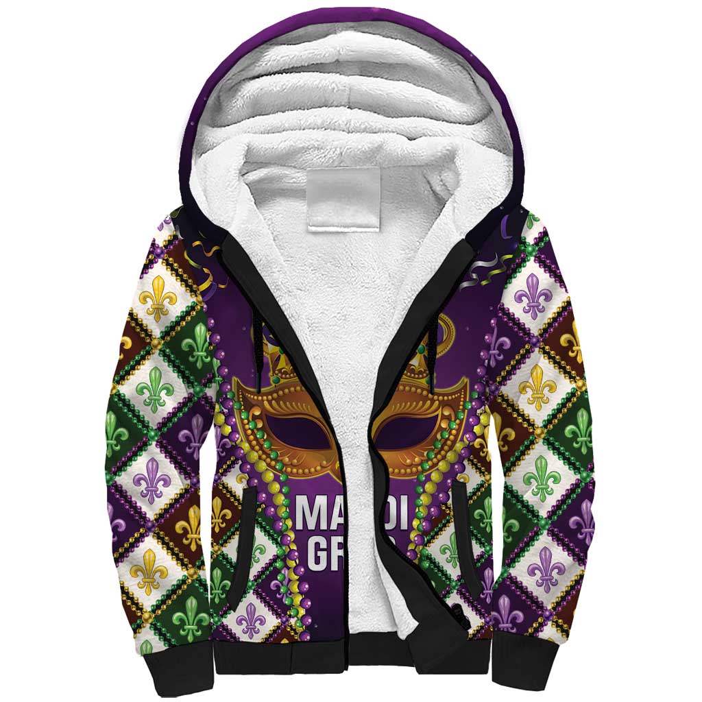 King Mask Mardi Gras Sherpa Hoodie Let's Party Beadeds With Fleur De Lis - Wonder Print Shop