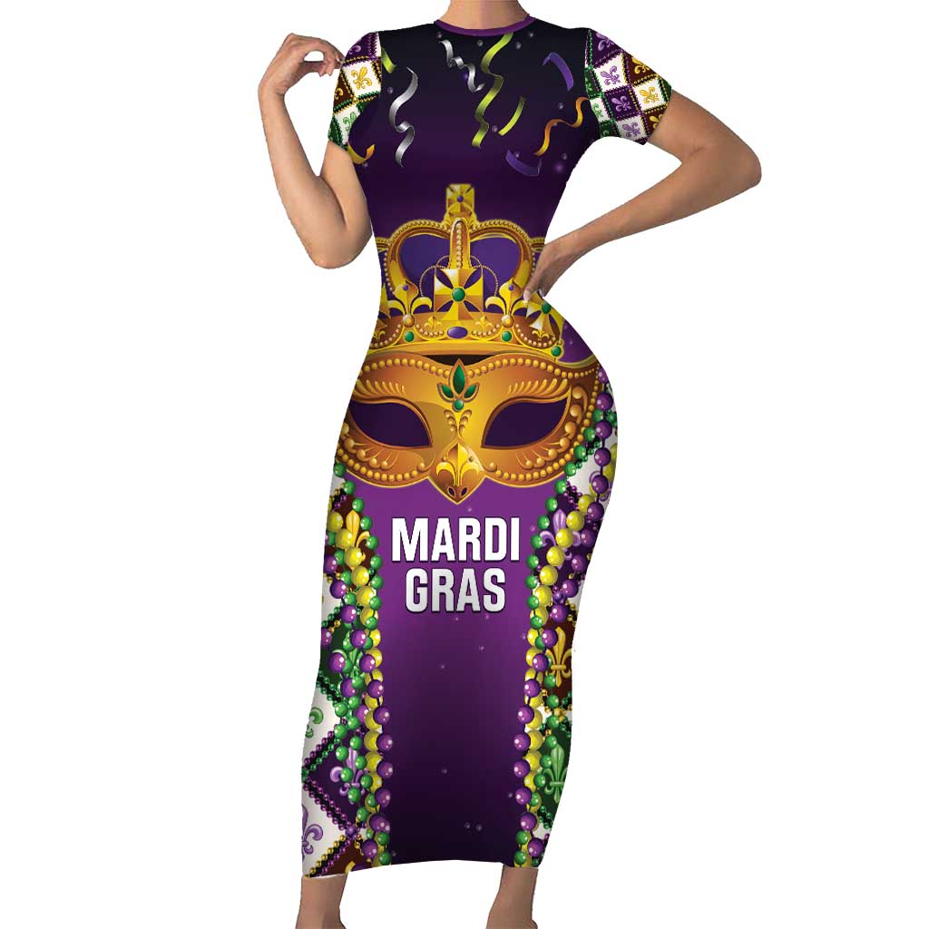 King Mask Mardi Gras Short Sleeve Bodycon Dress Let's Party Beadeds With Fleur De Lis - Wonder Print Shop