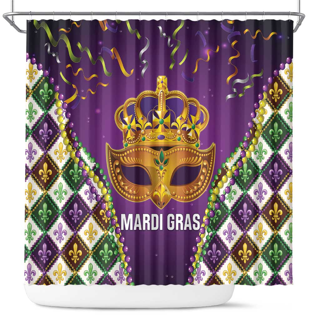 King Mask Mardi Gras Shower Curtain Let's Party Beadeds With Fleur De Lis