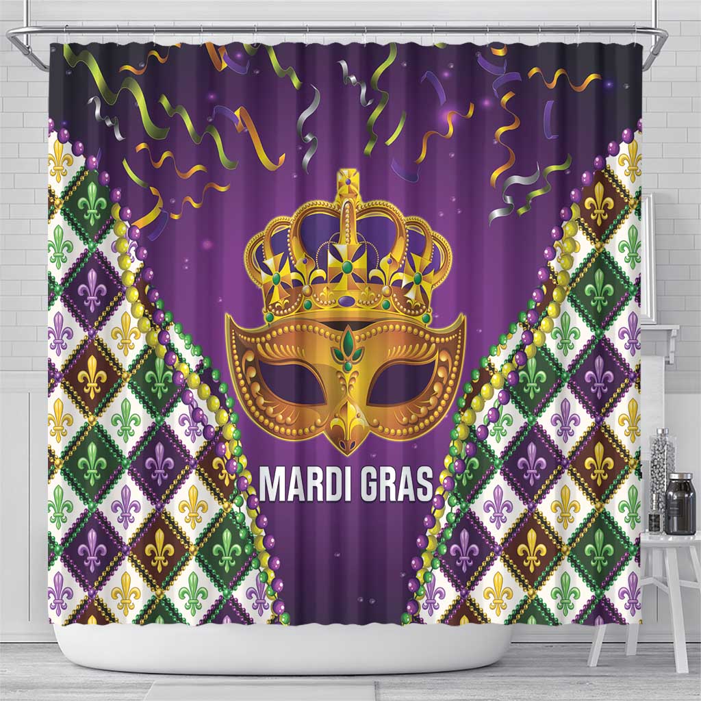 Purple shower curtain featuring gold crown mask, fleur-de-lis pattern, and beaded garland
