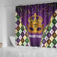 Purple shower curtain with gold Mardi Gras mask graphic and fleur-de-lis diamond borders