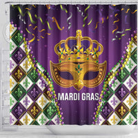 Purple Mardi Gras shower curtain with gold crown mask, fleur-de-lis diamonds, and beaded trim