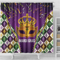 Purple Mardi Gras shower curtain with gold crown mask, fleur-de-lis decor, and top grommets