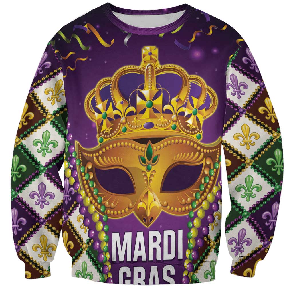 Purple Mardi Gras sweatshirt with jeweled mask, crown, and MARDI GRAS text