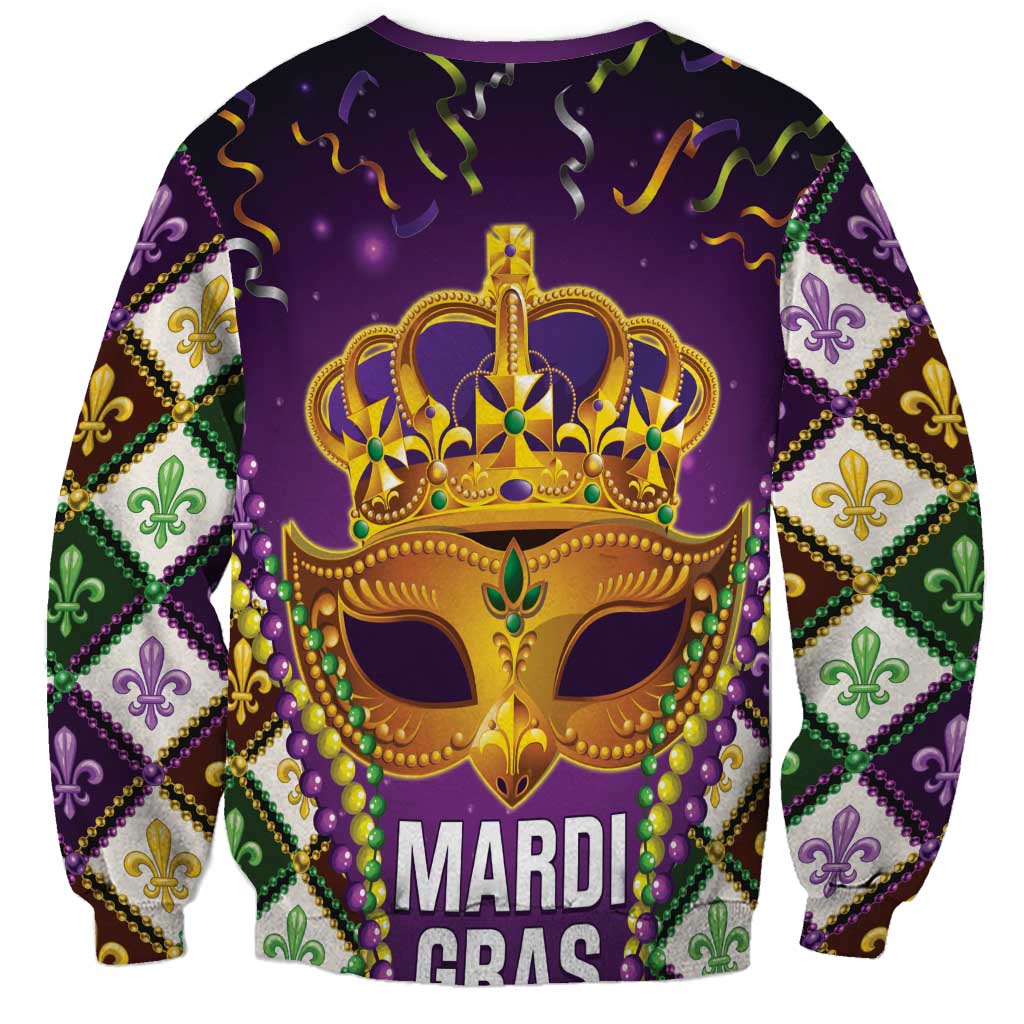 Purple Mardi Gras sweatshirt with crowned masquerade mask and MARDI GRAS lettering
