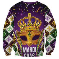 Purple Mardi Gras sweatshirt with crowned masquerade mask and MARDI GRAS lettering