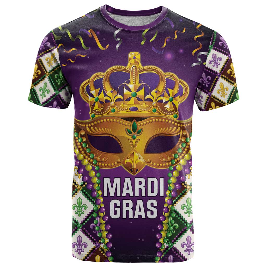 King Mask Mardi Gras T Shirt Let's Party Beadeds With Fleur De Lis - Wonder Print Shop