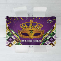 Purple Mardi Gras style tablecloth with gold fleur-de-lis crown and bead details