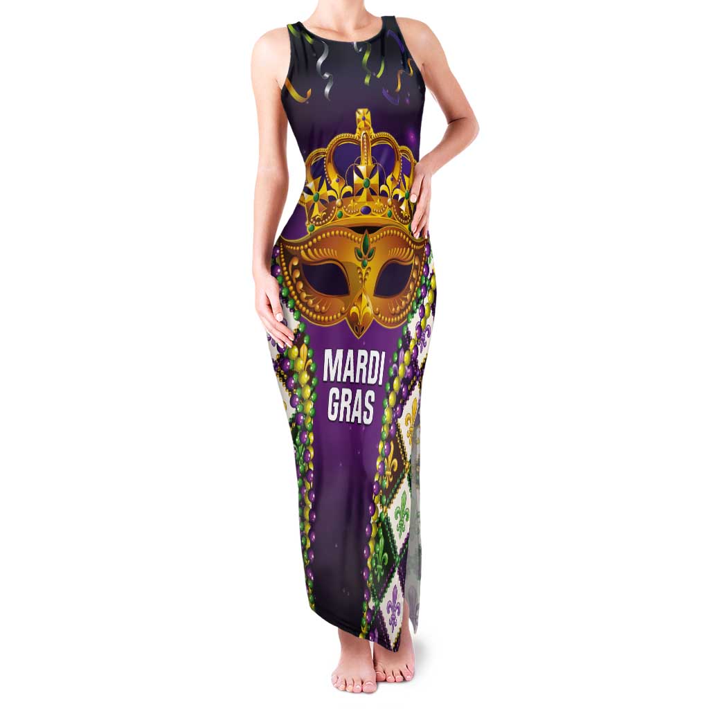 King Mask Mardi Gras Tank Maxi Dress Let's Party Beadeds With Fleur De Lis - Wonder Print Shop