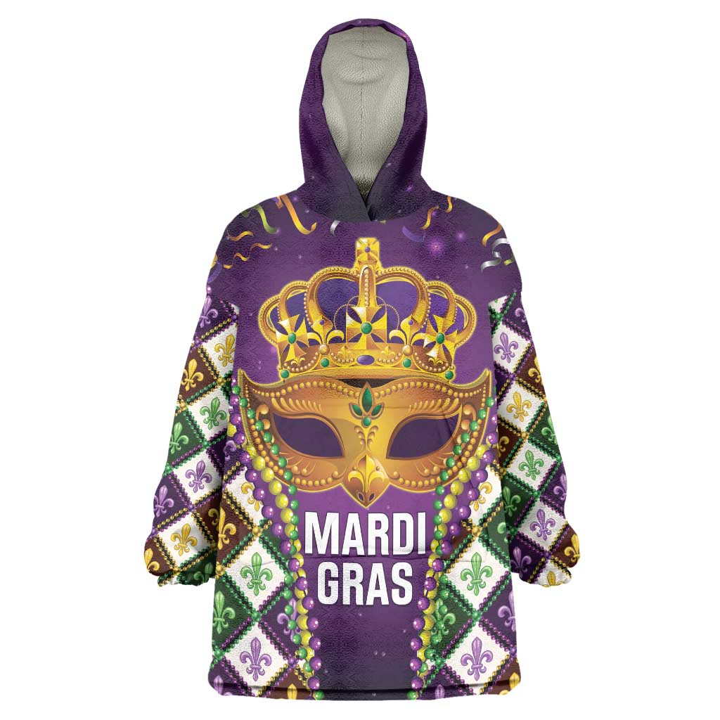 King Mask Mardi Gras Wearable Blanket Hoodie Let's Party Beadeds With Fleur De Lis