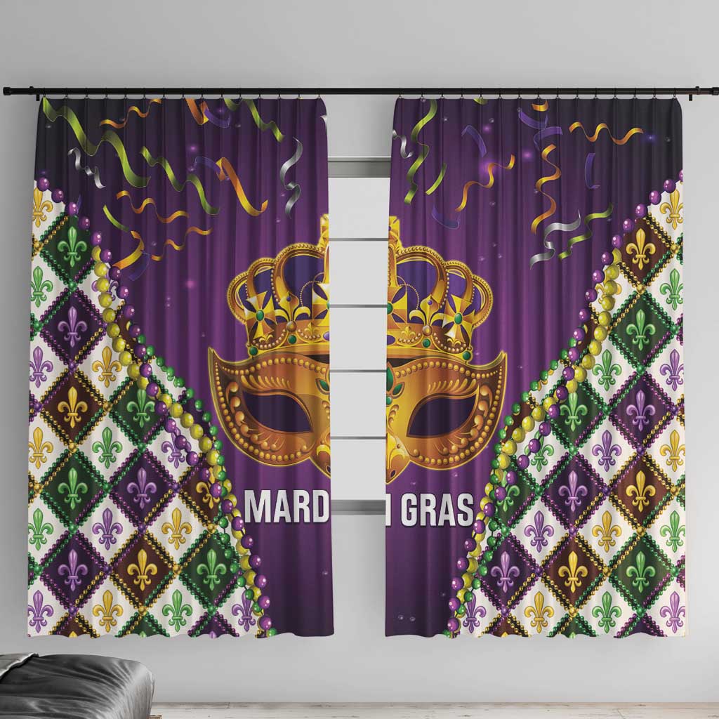 Purple Mardi Gras window curtain panels with gold crown mask, fleur-de-lis diamonds and bead trim