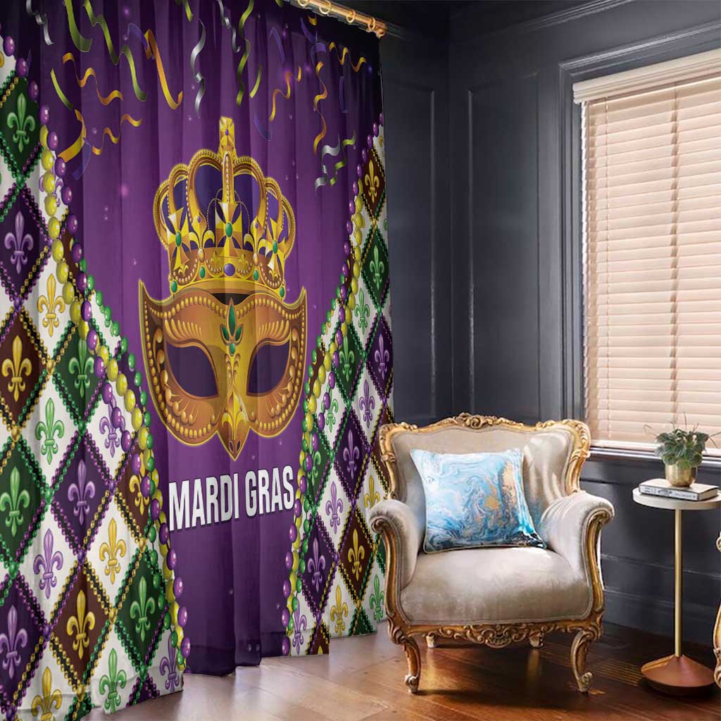 Purple Mardi Gras window curtain panel with gold crown mask, fleur-de-lis diamond pattern