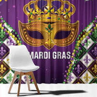 Purple Mardi Gras curtain with large gold crown mask, fleur-de-lis diamonds, beaded garland