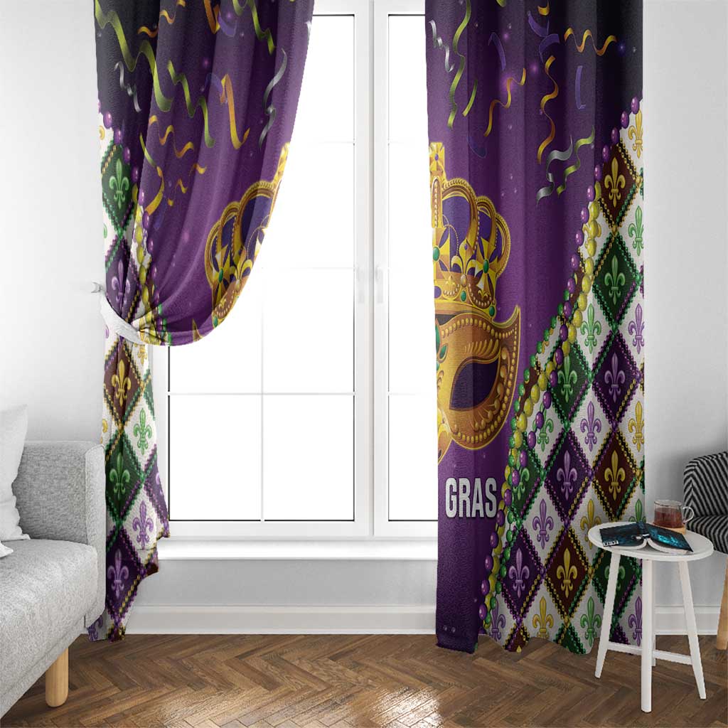 Purple Mardi Gras curtain panels with gold crown mask and green, gold, white fleur-de-lis diamonds