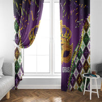 Purple Mardi Gras curtain panels with gold crown mask and green, gold, white fleur-de-lis diamonds