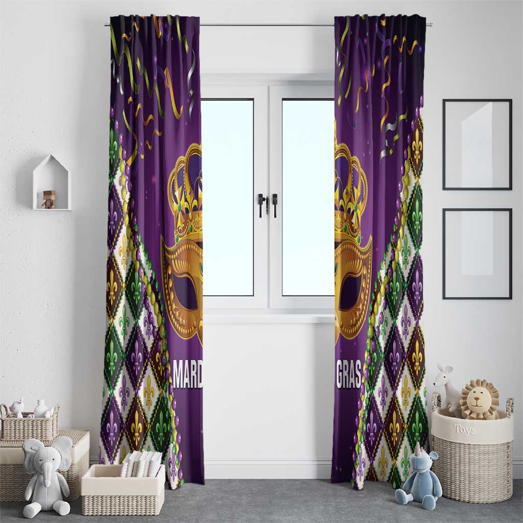 Purple Mardi Gras window curtain panels with gold crown mask and diamond fleur-de-lis design