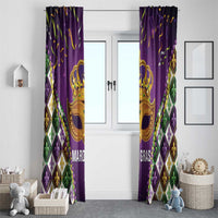 Purple Mardi Gras window curtain panels with gold crown mask and diamond fleur-de-lis design