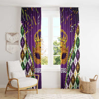 Purple Mardi Gras curtain panels with gold crown mask and vertical fleur-de-lis diamond accents