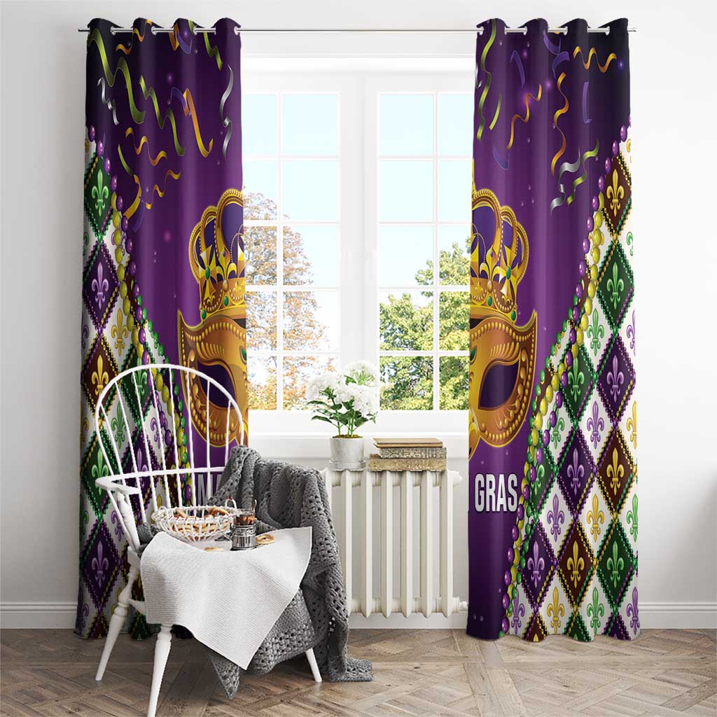 Purple Mardi Gras window curtain panels with gold crown mask and fleur-de-lis diamond trim