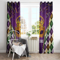Purple Mardi Gras window curtain panels with gold crown mask and fleur-de-lis diamond trim