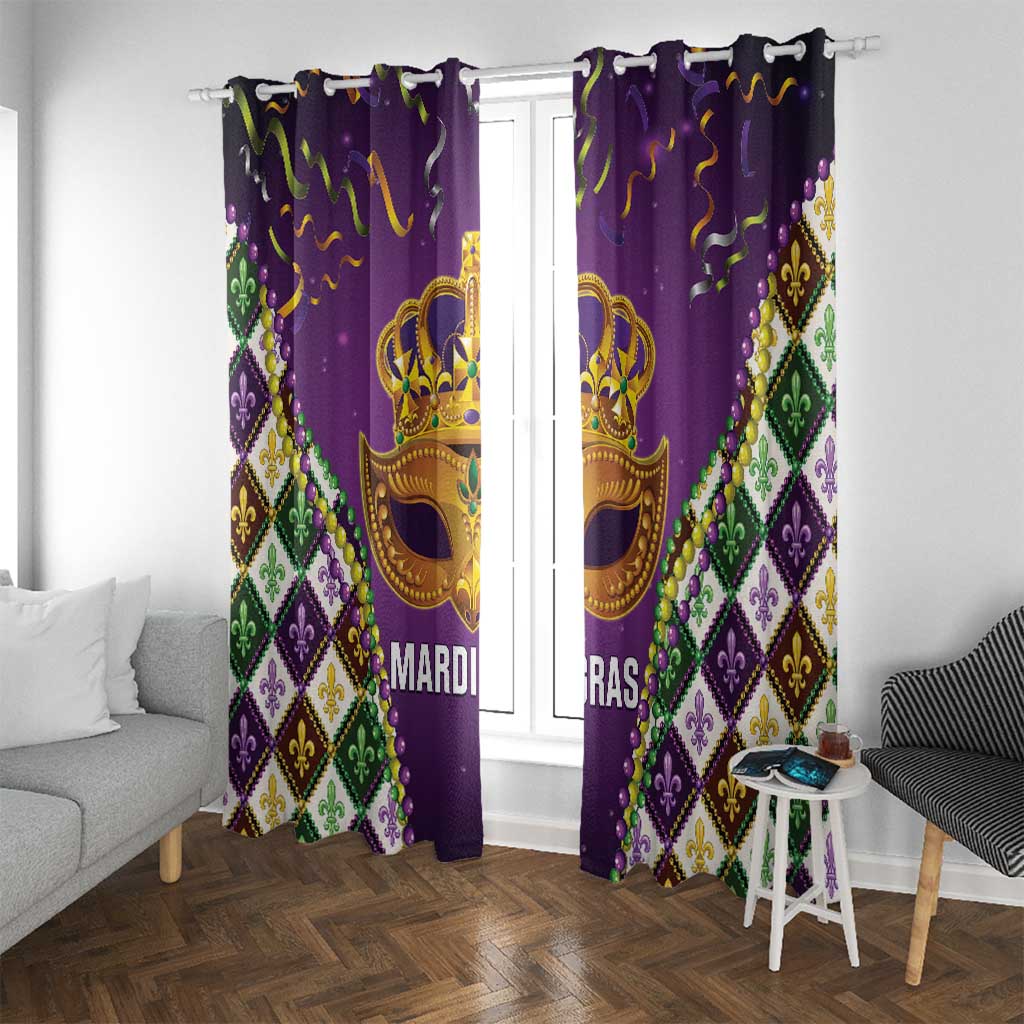 Purple Mardi Gras curtain panels with gold crown mask, fleur-de-lis diamonds and "MARDI GRAS" print