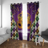 Purple Mardi Gras curtain panels with gold crown mask, fleur-de-lis diamonds and "MARDI GRAS" print