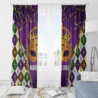 Purple Mardi Gras window curtain panels with gold crown mask, fleur-de-lis diamonds and bead trim