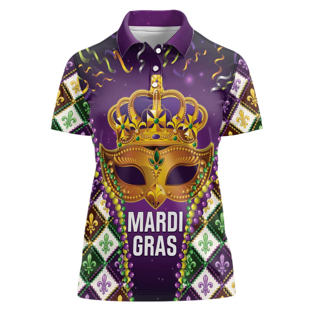 King Mask Mardi Gras Women Polo Shirt Let's Party Beadeds With Fleur De Lis - Wonder Print Shop