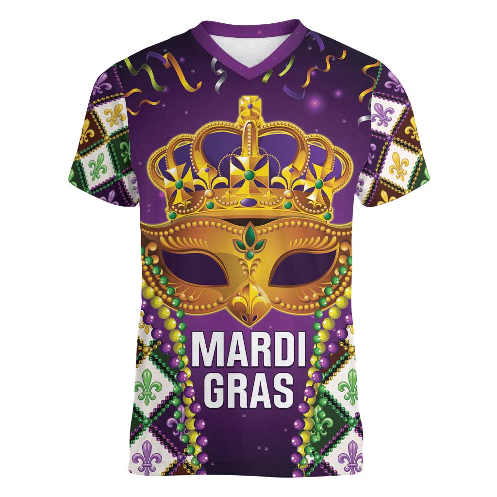 King Mask Mardi Gras Women V-Neck T-Shirt Let's Party Beadeds With Fleur De Lis - Wonder Print Shop