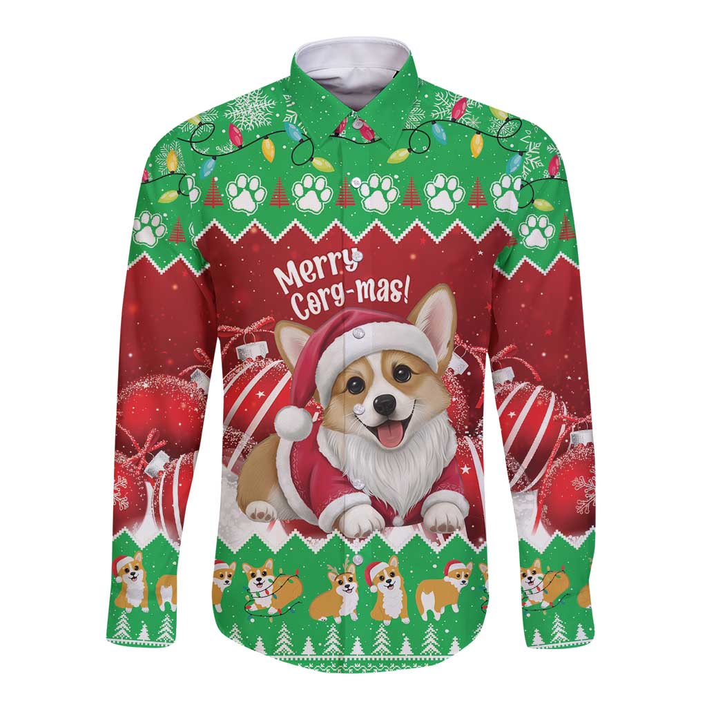Personalised Wales Corgi Christmas Long Sleeve Button Shirt Merry Corg-mas Flag Color - Wonder Print Shop