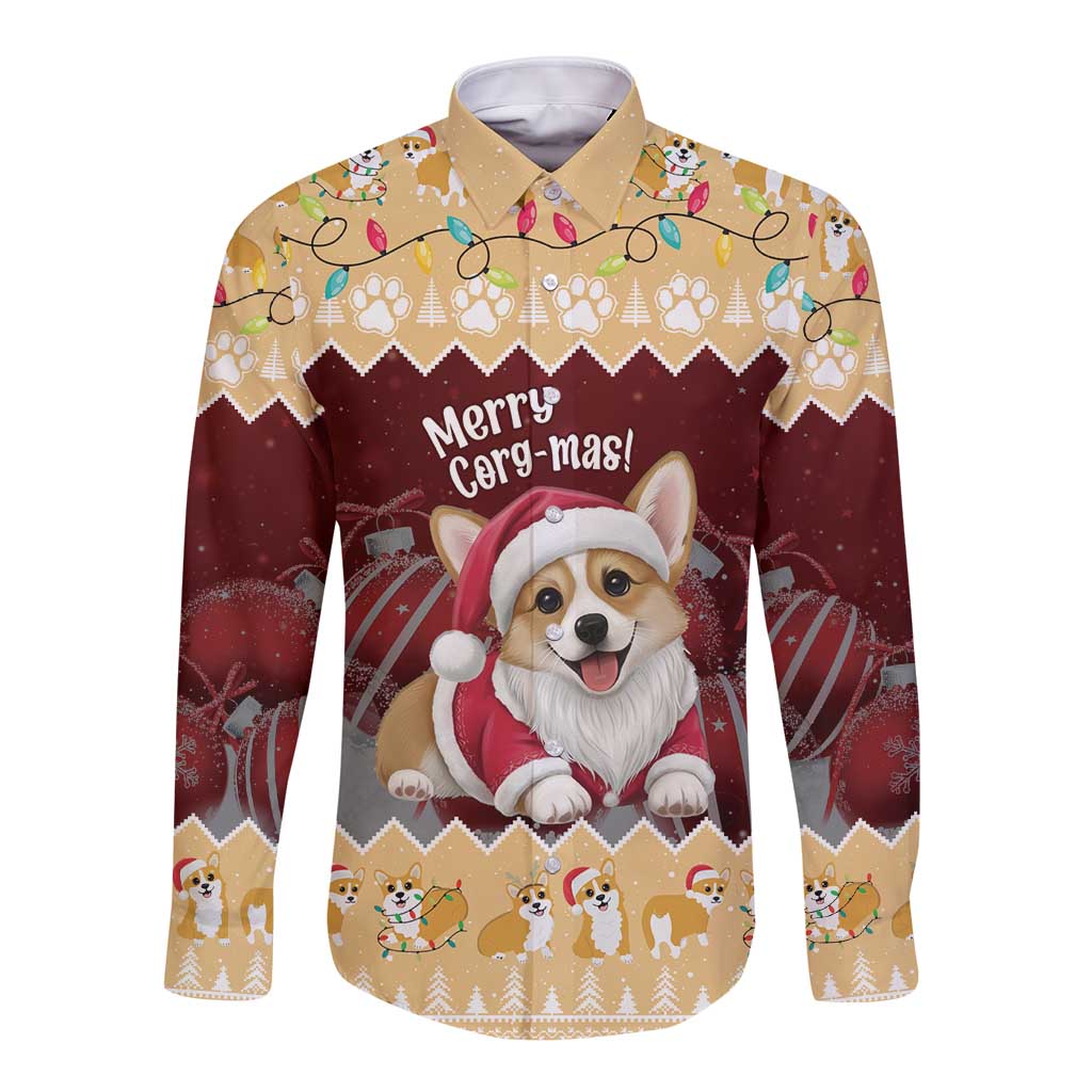 Personalised Wales Corgi Christmas Long Sleeve Button Shirt Merry Corg-mas Yellow Color - Wonder Print Shop