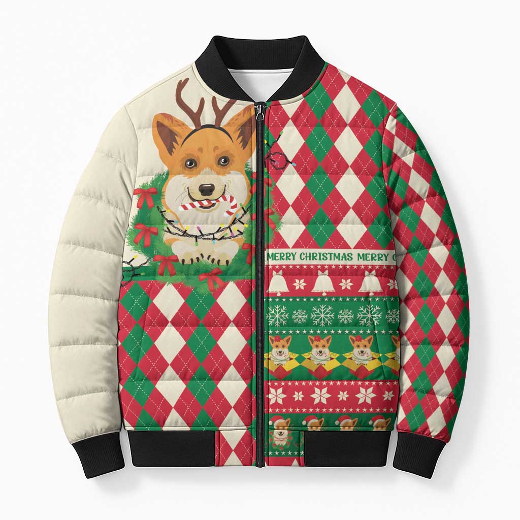 Wales Corgi Christmas Bomber Puffer Jacket Seamless Cute Dog Argyle Pattern - Wonder Print Shop