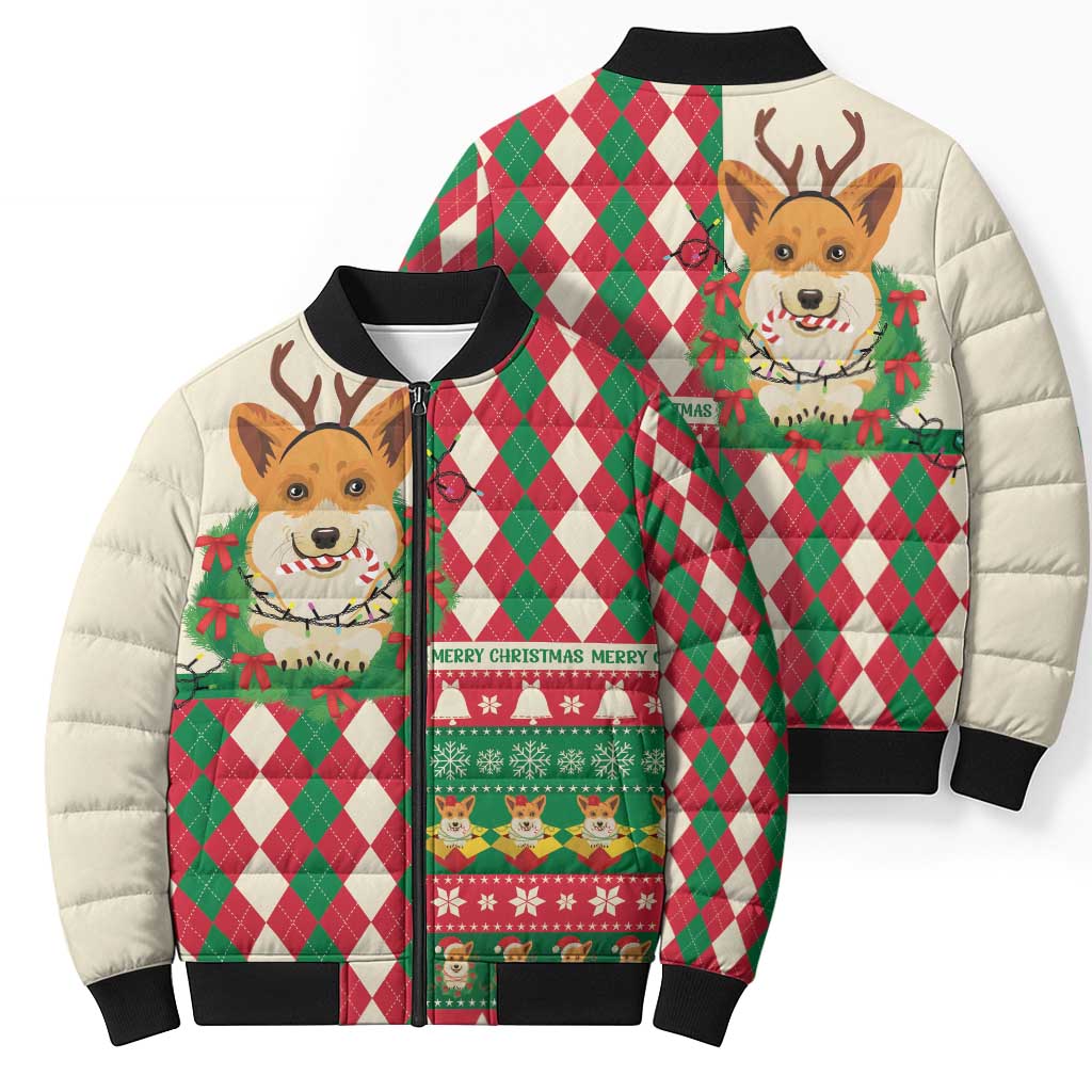 Wales Corgi Christmas Bomber Puffer Jacket Seamless Cute Dog Argyle Pattern - Wonder Print Shop
