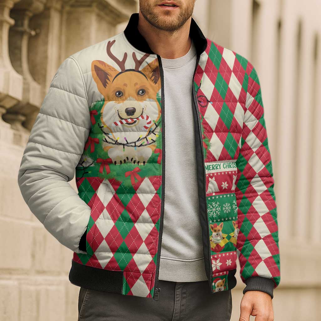Wales Corgi Christmas Bomber Puffer Jacket Seamless Cute Dog Argyle Pattern - Wonder Print Shop